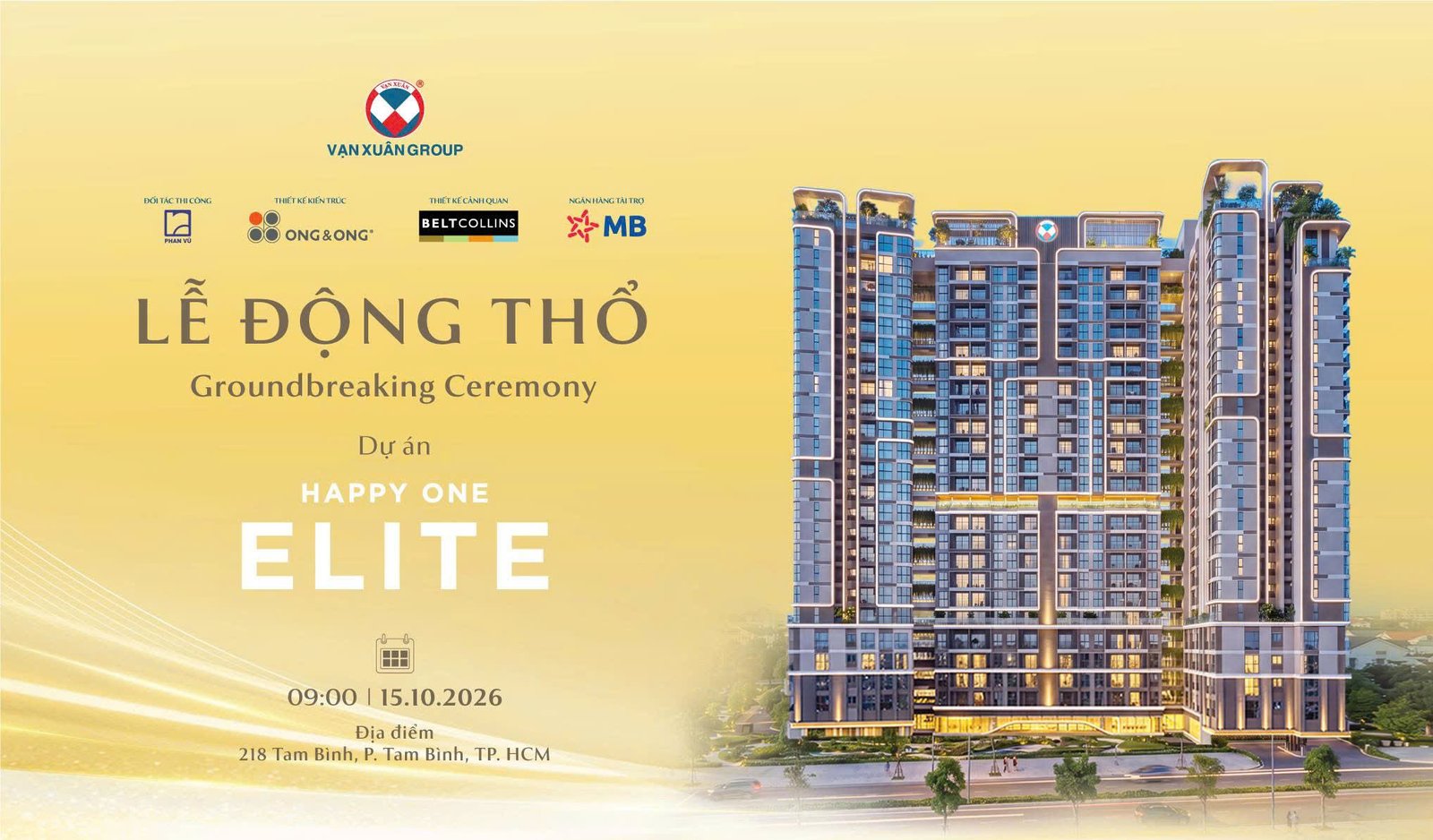 Thư mời lễ động thổ Happy One Elite ngày 15 tháng 10 năm 2026
