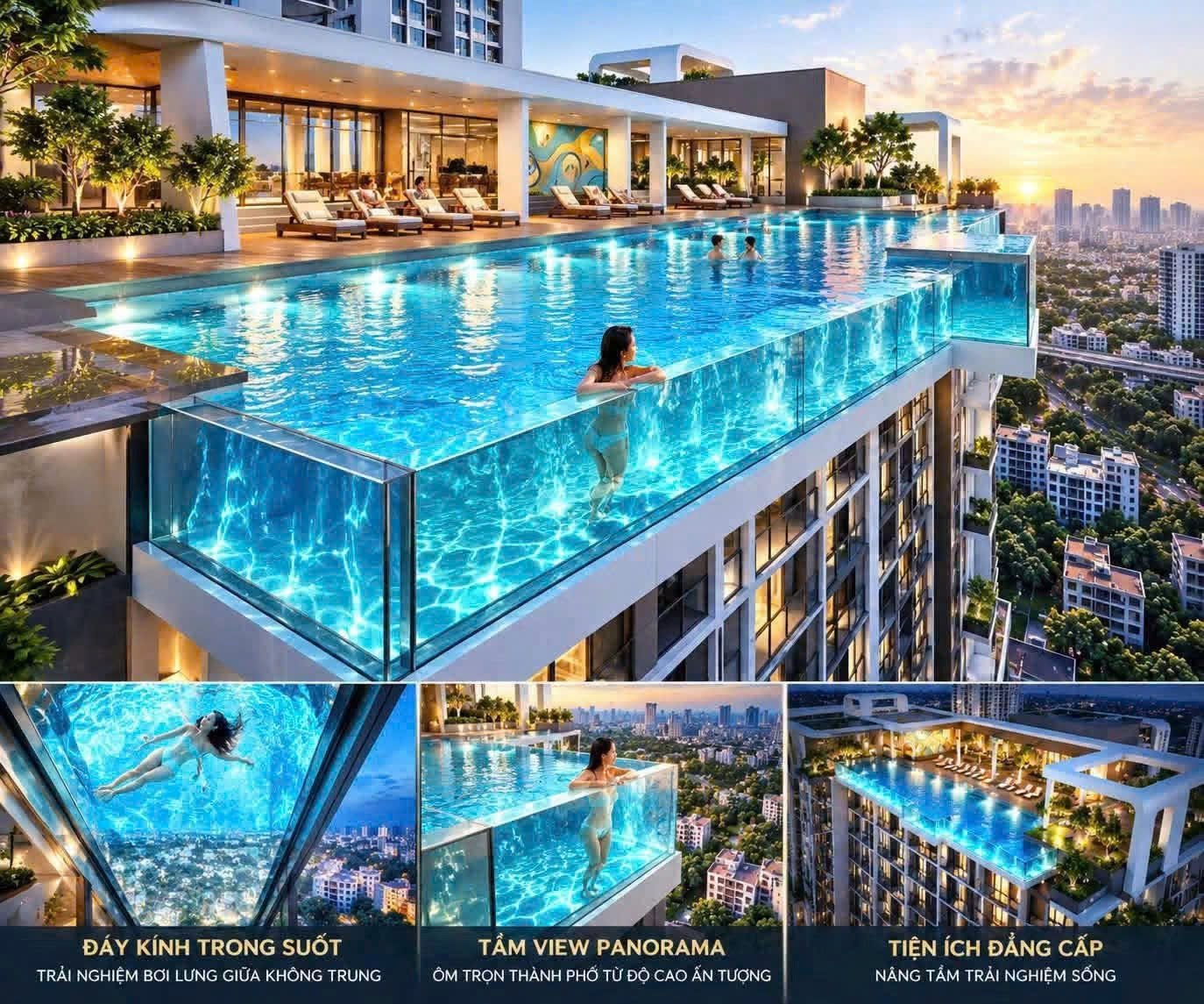 Chi tiết thiết kế đáy kính và tầm nhìn hồ bơi cầu